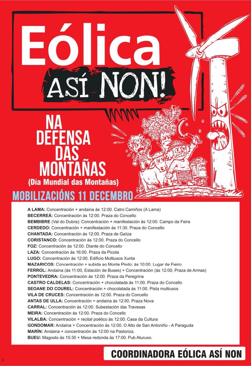 GalizaNovaVigo's tweet photo. ⚠️ Mobilizacións contra o boom eólico e pola absolución de Chema Naia
📆 11 de decembro
#EólicaAsíNon
📍Catro Camiños (A Lama) e O Alto de Santo Antoniño (Gondomar)
🕛 12:00
#AbsolucionChema
📍Obelisco (A Coruña)
🕗 20:00 https://t.co/f8cK7OtZPd