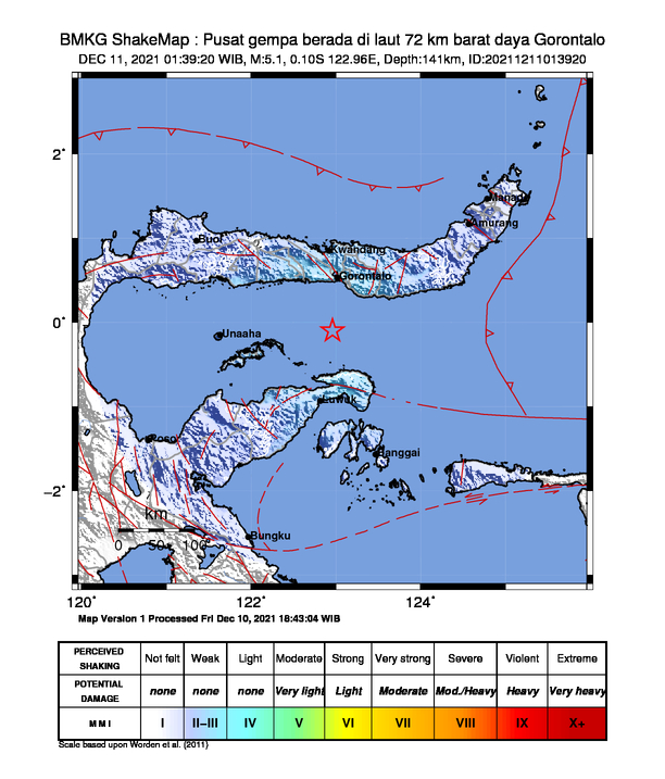 infoBMKG's tweet photo. #Gempa Mag:5.1, 11-Des-21 01:39:20 WIB, Lok:0.10 LS, 122.96 BT (Pusat gempa berada di laut 72 km barat daya Gorontalo), Kedlmn:141 Km Dirasakan (MMI) III Kotamobagu, II-III Wakai, III Gorontalo #BMKG https://t.co/BE92ryrGuC