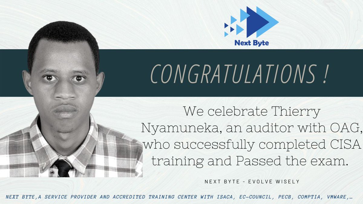 We are Sending our warm congrats to our most recent alumni who passed the famous #CISA, a product of 
<a href="/ISACANews/">ISACA Global</a> Our Accredited Training Organization 
<a href="/NEXTBYTERwanda/">NEXT BYTE</a> Trained and prepared them to do their very best and pass the exam! Philemon, Thierry, and JMV, Congratulations!