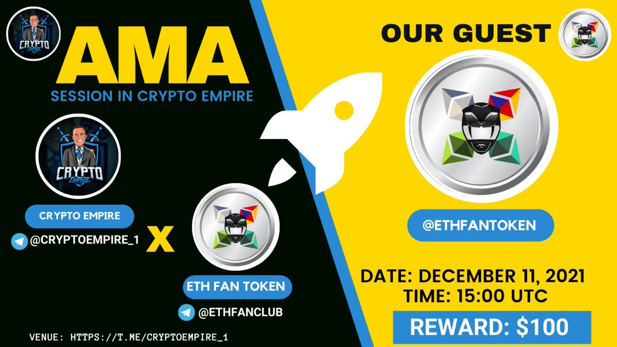 🎙️We're pleased to announce our next #AMA with ETHFan-Token on December 11 at 15:00 UTC 💰Rewards Pool: $100 🏠Venue : t.me/cryptoEmpire_1 〽️Rules: 1⃣ Follow @Crypto_empire1 & @ETHFanToken 2⃣ Like & RT 3⃣ Comment Max 3 Questions & Tag 3 Friends #BSC #Airdrop