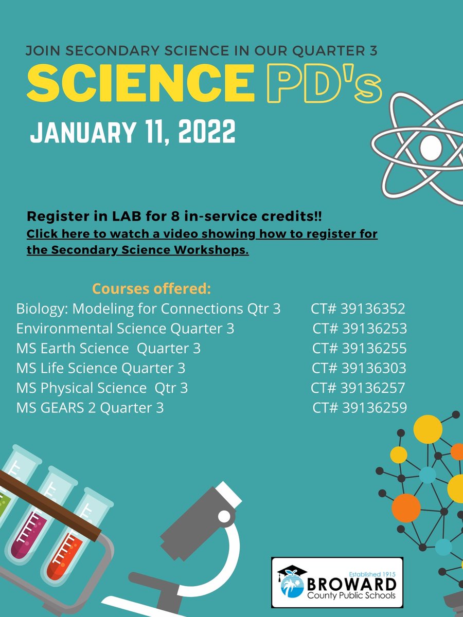 Broward Science (@browardscience) on Twitter photo <a href="/BrowardScience/">Broward Science</a>
Teachers, sign up for our Quarter 3 Science Professional Developments today! Engage in activities and resources that support teaching quarter 3 standards. <a href="/BrowardScience/">Broward Science</a>
Teachers, sign up for our Quarter 3 Science Professional Developments today! Engage in activities and resources that support teaching quarter 3 standards.