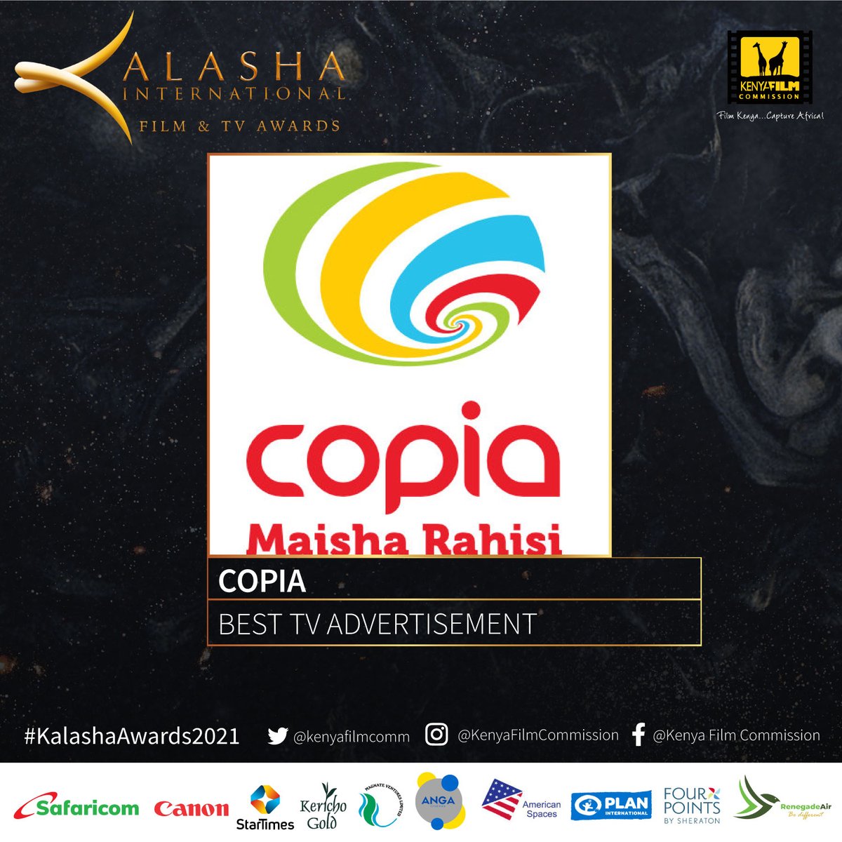 kenyafilmcomm's tweet photo. The 'Best TV Advertisement' this #KalashaAwards2021 goes to @CopiaKenya! 👏 https://t.co/keBRFEZYIy