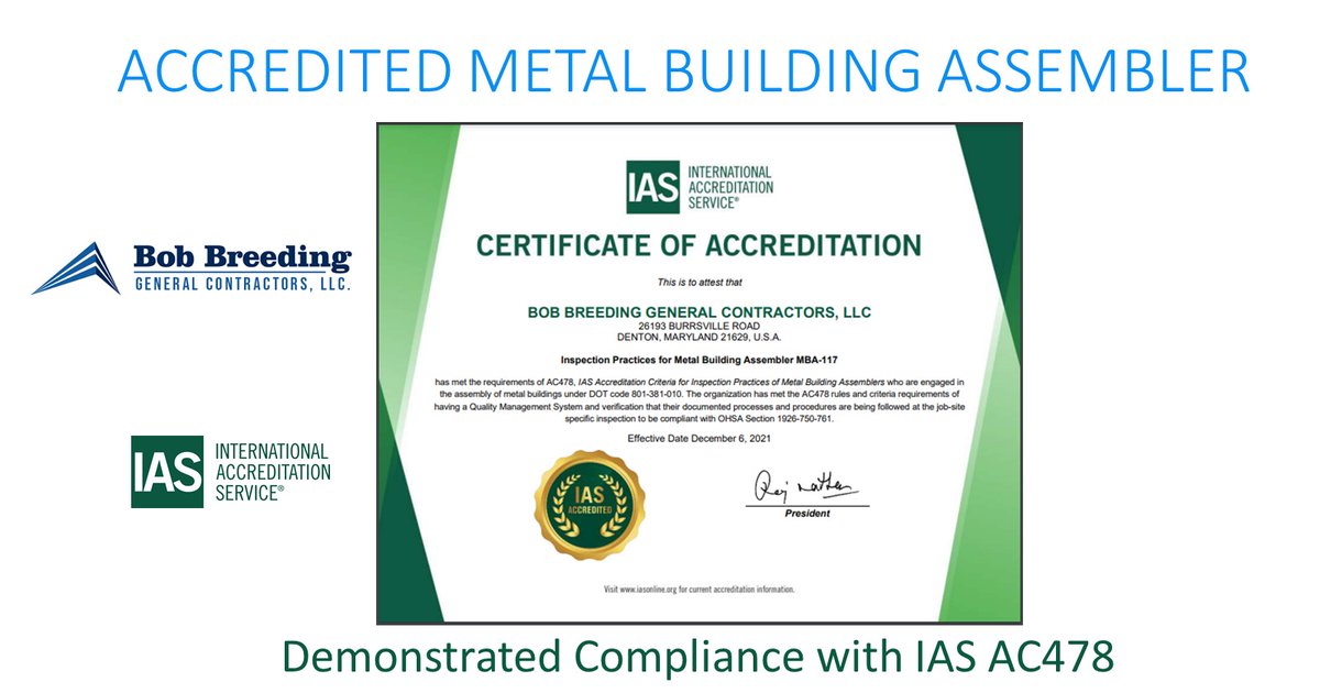 IntlAccredSvc's tweet photo. Congratulations Bob Breeding General Contractors in Denton, Maryland, for becoming an IAS Accredited Metal Building Assembler. Demonstrating compliance with IAS AC478. #IASAccredited #AC478 #BobBreeding
https://t.co/kKGlOq7Hec @MBCEA_News @MArchitecture https://t.co/YMts9rnm1S