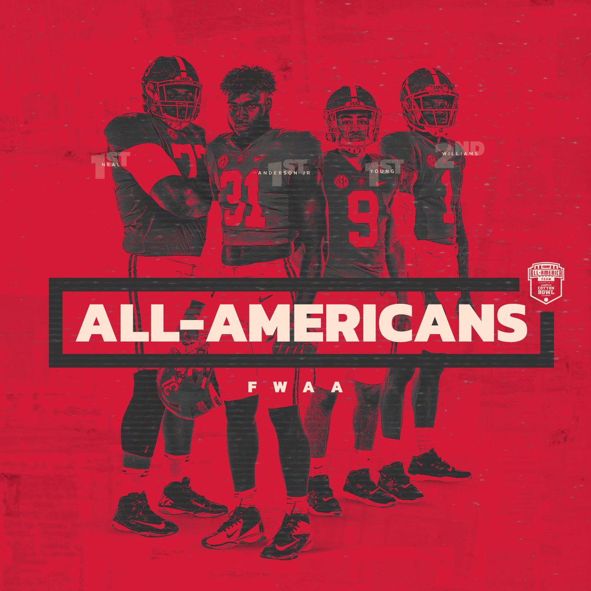 AlabamaFTBL's tweet photo. FWAA All-Americans

🇺🇸 Will Anderson Jr.
🇺🇸 Evan Neal 
🇺🇸 Jameson Williams
🇺🇸 Bryce Young 

#BamaFactor #RollTide https://t.co/DSN0ORpkec