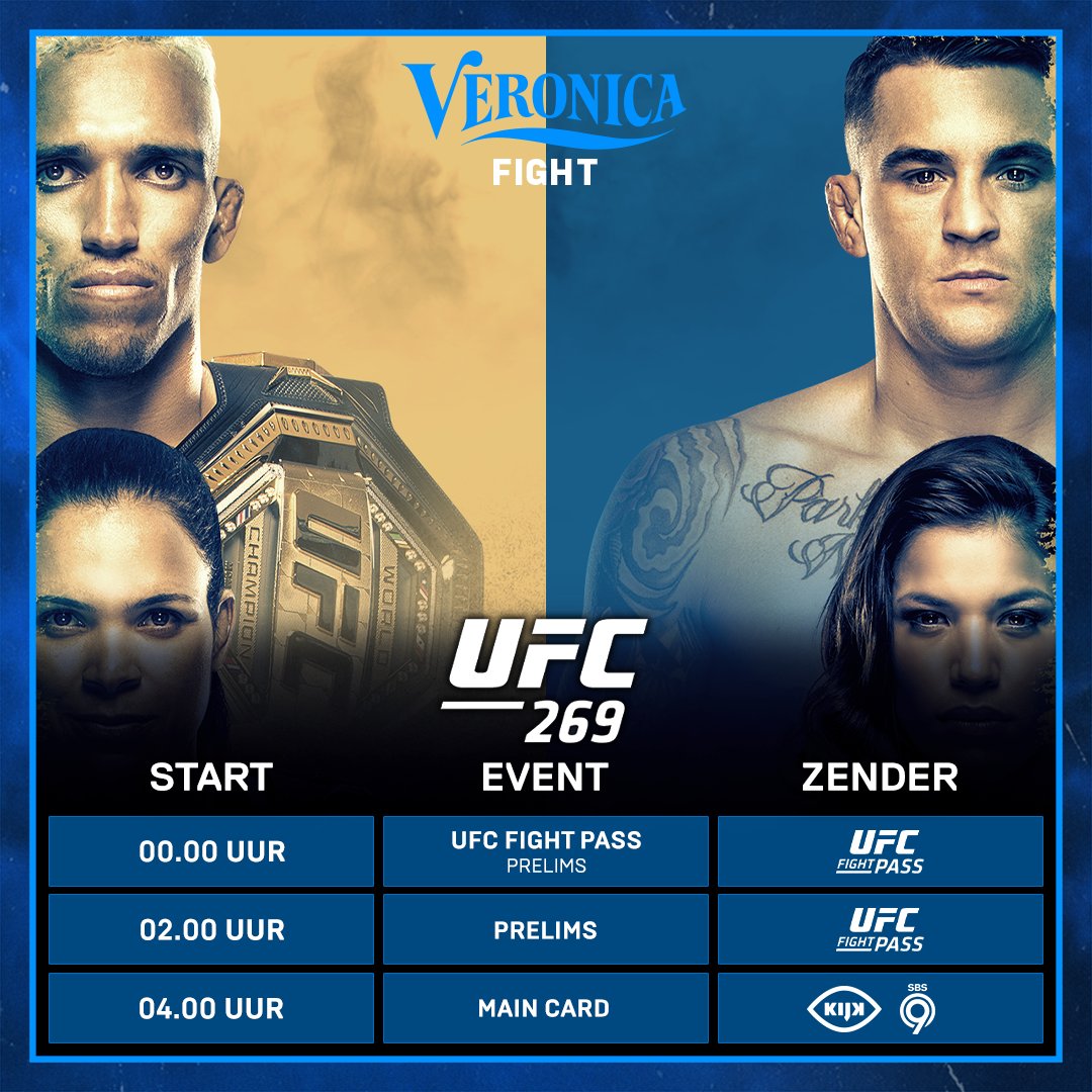 Nog precies 1️⃣2️⃣ uur tot de main card van UFC 269: Oliveira vs. Poirier begint!

Voor degenen die niets willen missen, hierbij alle starttijden! #UFC269 #VeronicaFight