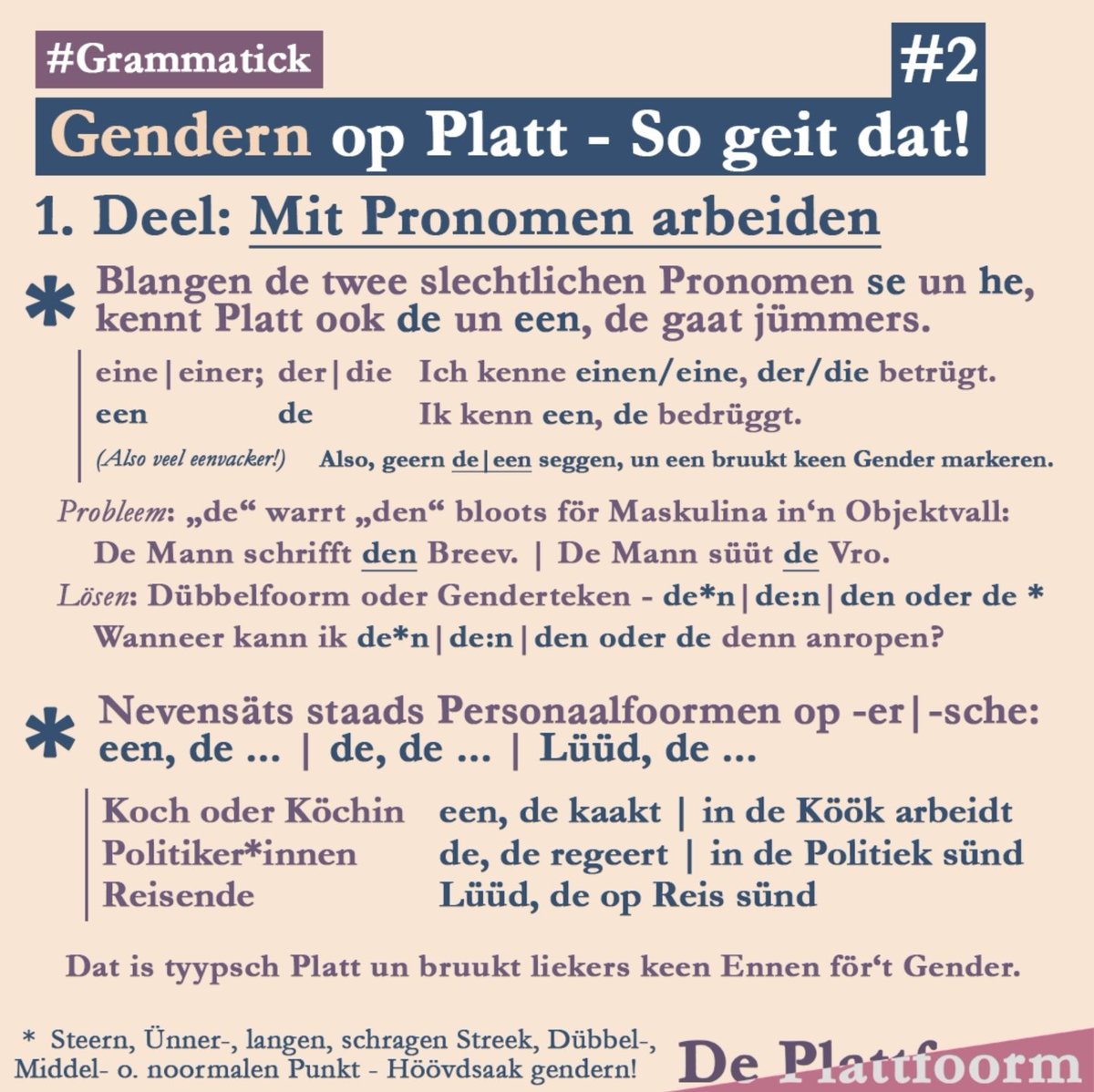 Wo geit Gendern op Platt? Dütmaal över Pronomen un den Bruuk vun Nevensäts.

#gendern #gender #platt #plattdüütsch #plattdeutsch #niederdeutsch #nedderdüütsch #neddersassisk #lowsaxon #lowgerman #plattfoorm #deichgranaten