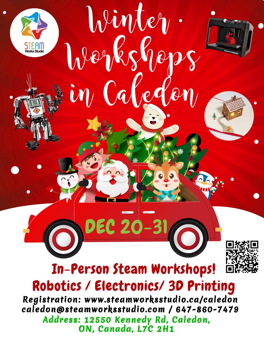 steamworks_on's tweet photo. MAKE IT A DECEMBER TO REMEMBER! JOIN US AT STEAM WORKS STUDIO CALEDON CENTRE FOR IN-PERSON WINTER WORKSHOPS!
Have some fun in Robotics, Electronics &amp; 3D Printing for Ages 5+ -- Visit https://t.co/v65PAqcajP to register or call us at 647-860-7479 https://t.co/ZCQOorb7YJ
