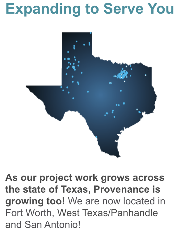 ProvenanceEng's tweet photo. As our project work grows across the state of Texas, @ProvenanceEng is growing too! We are now located in Dallas/Fort Worth, West Texas/Panhandle and San Antonio to serve our clients in Texas and beyond! #rootedPE #ProvenanceEngineering https://t.co/JGmCydkaHQ