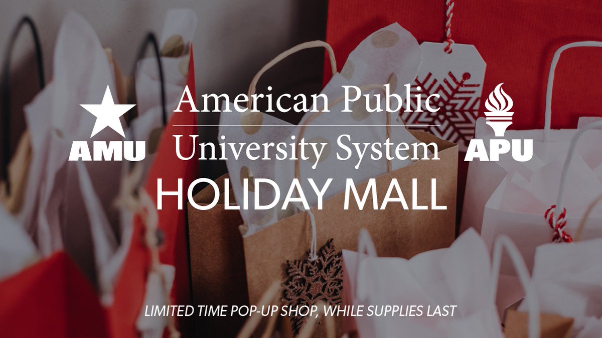 AmericanMilU's tweet photo. Check out our first ever APUS Holiday Mall Pop Up Store, where you’ll find a limited selection of specially priced AMU branded products! The pop-up store will be open throughout the holiday season, while supplies last: https://t.co/MN9v17ggO1 #AMUpride #AMU4Life https://t.co/lusoCBgFVp