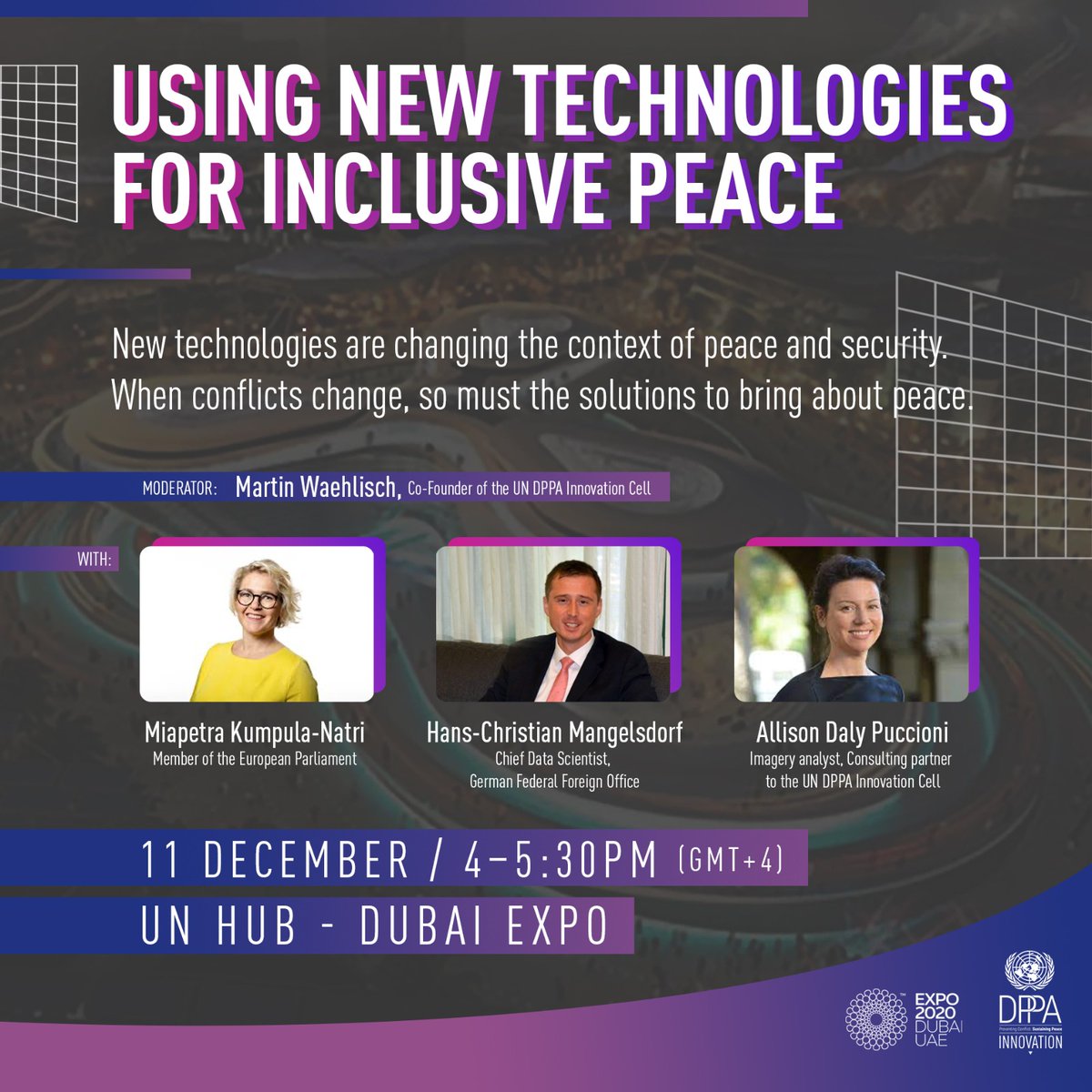 How can new technologies promote inclusive peace solutions? Join our discussion on the future of PeaceTech at #UNHub in @expo2020dubai on 11 December at 4pm EDT. teams.microsoft.com/l/meetup-join/…