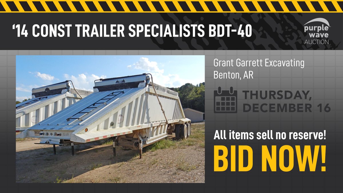 purplewave's tweet photo. Grant Garrett Excavating is selling this dump trailer on December 16 in Benton, AR! View all details and place your bids at https://t.co/zMohTqXth7 #heavyequipment #heavymachinery #dumptrailer #equipmentauction #auction #equipment #construction #constructiontrailer https://t.co/gceNs8eUV6