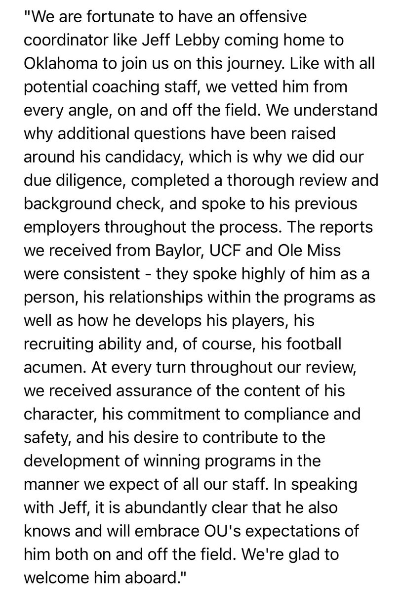 GuerinEmig's tweet photo. Joe Castiglione statement on the vetting process concerning #Sooners OC Jeff Lebby: https://t.co/PCqoJiZMUO