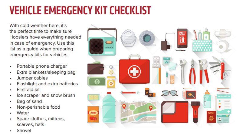 Be prepared for winter weather at home, at work and in your car. Create an emergency supply kit for your car. Include jumper cables, sand, a flashlight, warm clothes, blankets, bottled water and non-perishable snacks and keep a full tank of gas.