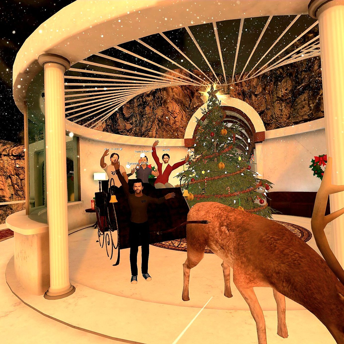 deep_rifter's tweet photo. Oh look, @rivr_uk crew dropped in while I was putting final touches on the @ReadyPlayerGolf clubhouse fior the holiday party in @engage_xr! Flying reindeer are ready to roll! Details here https://t.co/g1gyVoNCSh https://t.co/ReP1mYORRJ