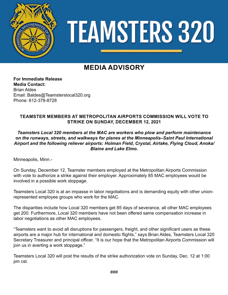 mnlegTEAMSTER's tweet photo. Strike vote against @mspairport on Sunday Dec. 12 - results at 1 pm. @MNReformer @MinnPost @workdaymn https://t.co/U7rgO8sTFy