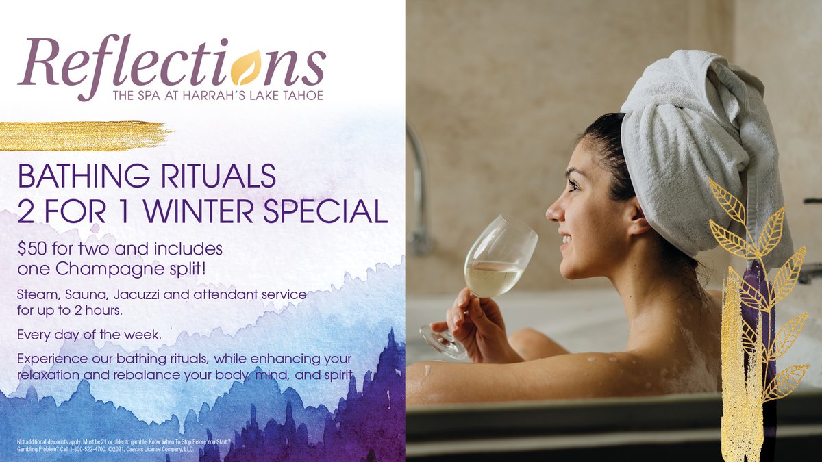 HarrahsTahoe's tweet photo. Need a way to warm up from the cold? Our Reflections Spa is offering Bathing Rituals with a 2 for 1 winter special! Come in from the cold and get your #Relaxation on! #BathingRituals #ReflectionsSpa #Relax 🧖‍♀️ https://t.co/eMi8AcJH8r