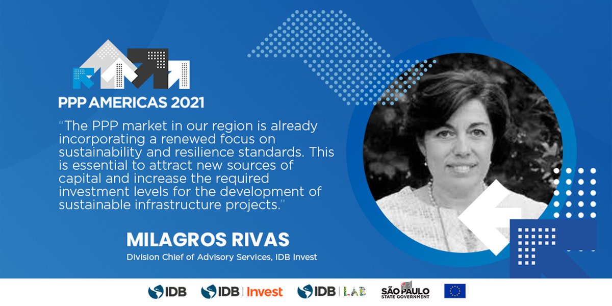 BIDInvest's tweet photo. Join Milagros Rivas, Division Chief of Advisory Services at IDB Invest in #PPPAméricas2021. Learn how Public-Private Partnerships are adopting social and #environmental standards.
Watch it here: https://t.co/ohTsrGE8Ye
#Infraestructure #APPLAC #PPPAmericas #Vision2025 https://t.co/yJyrpvn26O