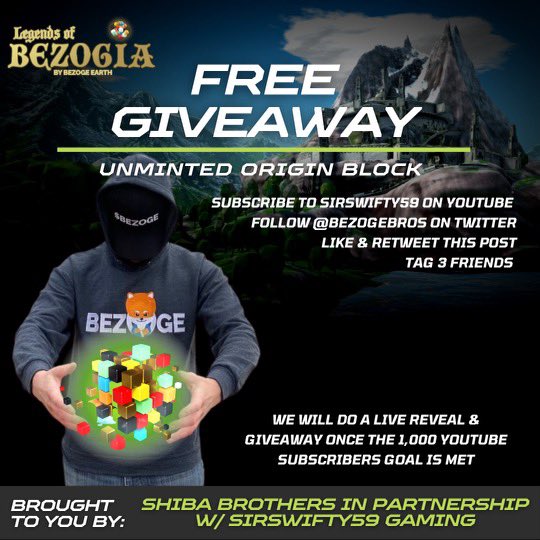 theshibabros's tweet photo. Let’s get @SirSwifty59 to 1000 #YouTube subscribers so we can activate the #Bezoge origin block #giveaway https://t.co/jDhzYkfdaM 446/1000 so far! @legendofbezogia @bezoge @FollowGoldieLoc @SnoopDogg @ShannonBrayNC @dxbzak @biancahammaker @BezogeDave @CryptoRussD @dustinmmills https://t.co/tgzEePbTNv