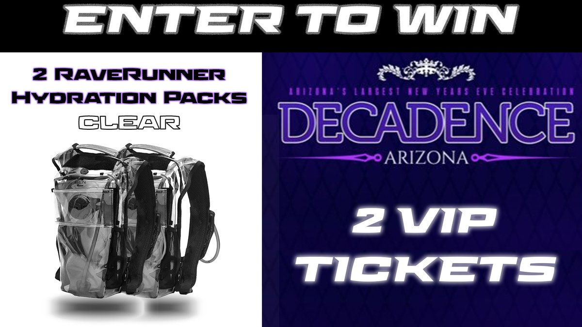 DecadenceAZ's tweet photo. Only 10 days left! GenZ Outdoor is giving away 2 CLEAR RaveRunnerⓇ Hydration packs + 2 VIP tickets to this years Decadence AZ Music Festival. Enter for your chance to win this prize valued at $1,200 today.

Enter here: https://t.co/10ma3AbzPC https://t.co/m3KiI41Imq