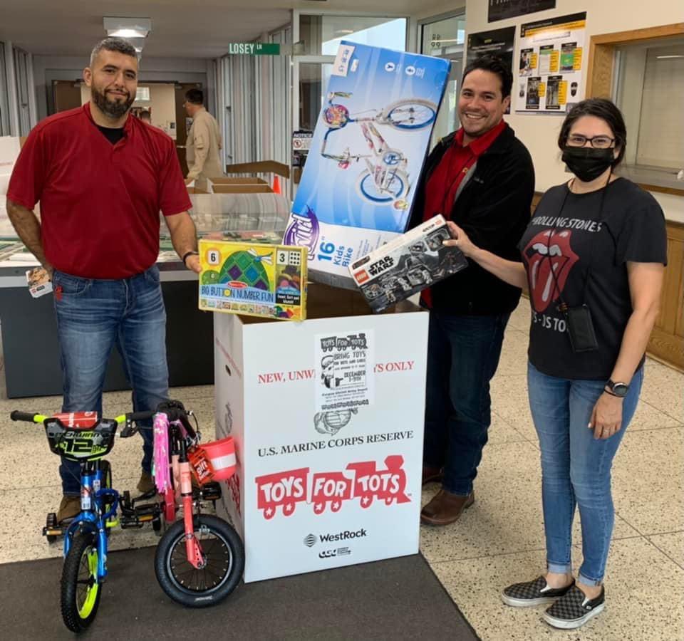 #ToysForTots toys are being picked up today and taken to Hangar 44. The Marines will pick up donations on Monday…so if you have toys take ‘em over to the hangar. Thank you, CCAD!  #CCADCares #WeAreCCAD #YouAreCCAD #CCArmyDepot 
Pictured: Jason (Safety), Mike and Carol (IT Dept)