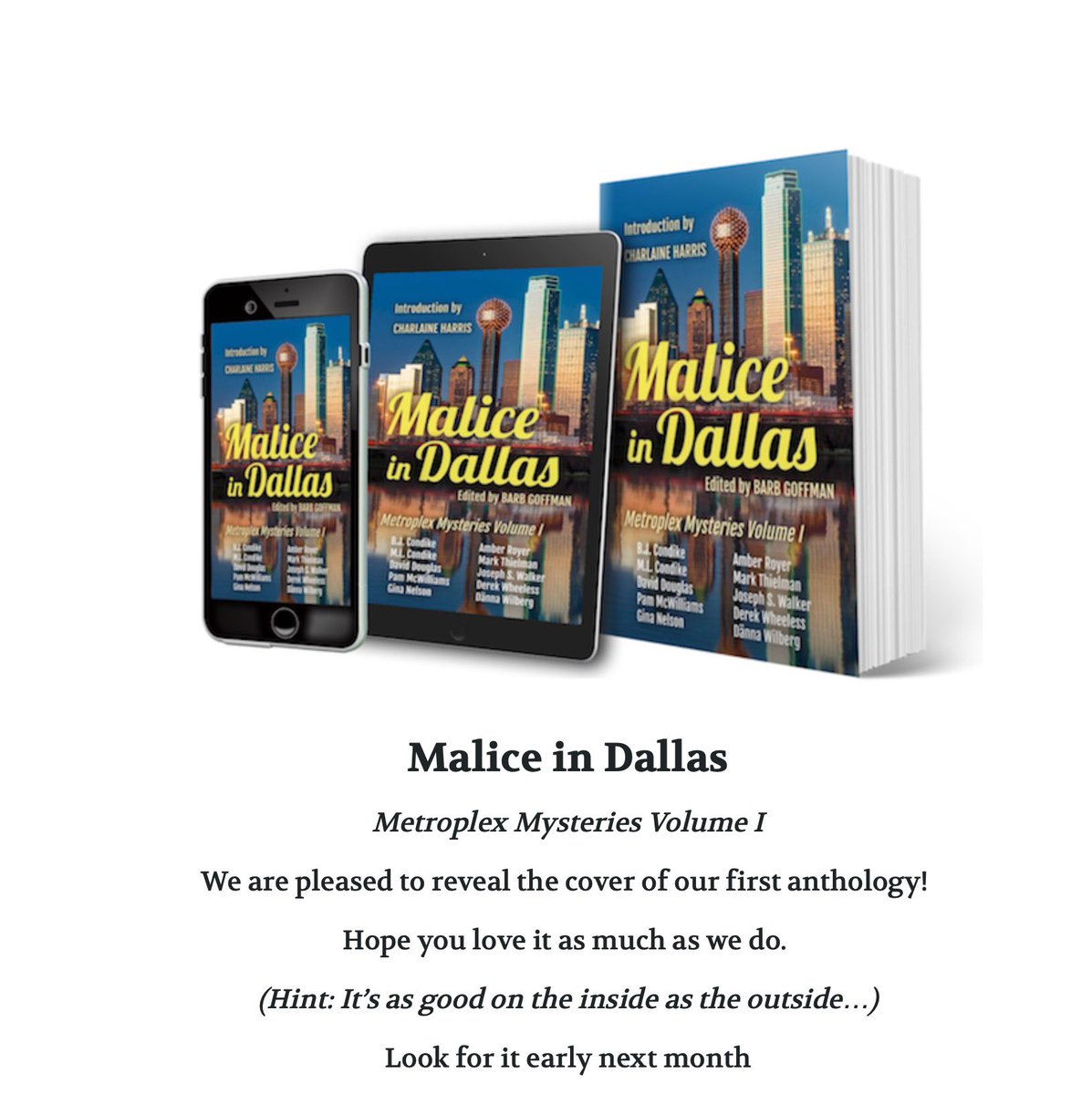 d_wheeless's tweet photo. Cover reveal! My short story about a married couple in Frisco will be published next month in the first Sisters in Crime North Dallas chapter anthology, MALICE IN DALLAS. https://t.co/qpfm2G6Uhi #DontReadAlone https://t.co/YjZXm25vZZ