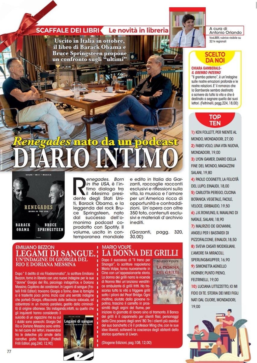 vox_libri's tweet photo. Libri da regalare a Natale? 
Corri in edicola su VOI in primo piano ti aspettano i consigli letterari del nostro Antonio Orlando

@BarackObama @TheBossFanPage @springsteen @garzantilibri @frillieditore @DiogeneEdizioni https://t.co/mZsHtRPDT4