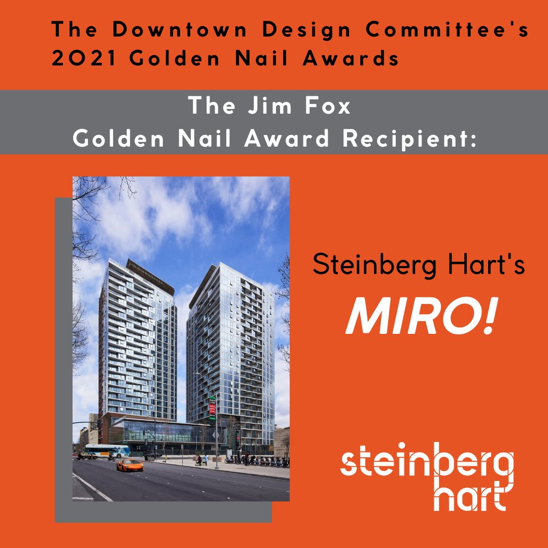San Jose’s Downtown Design Committee today awarded the 2021 Jim Fox Golden Nail Award to Steinberg Hart's very own, MIRO! Developed by Bayview Development Group, MIRO is a dual-tower mixed use development on Santa Clara Street between 4th &amp; 5th Streets. Congrats team!