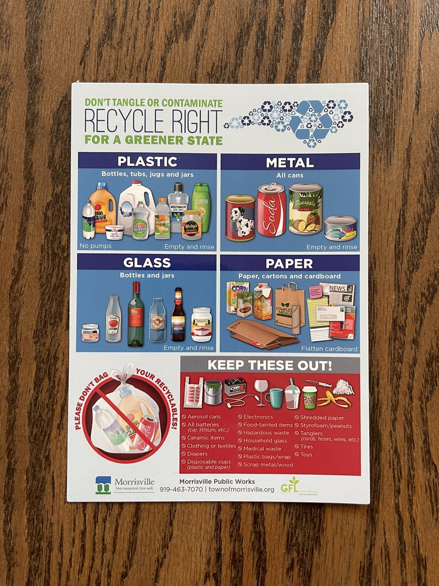 MSVMayorTJ's tweet image. Important information in today’s mail. @Morrisville_NC sustainability information about recycling and a magnet listing what is and what is not recyclable. Put it up today and #RecycleRight. #LiveConnectedLiveWell #RefuseReduceReuseRECYCLE ♻️🌎