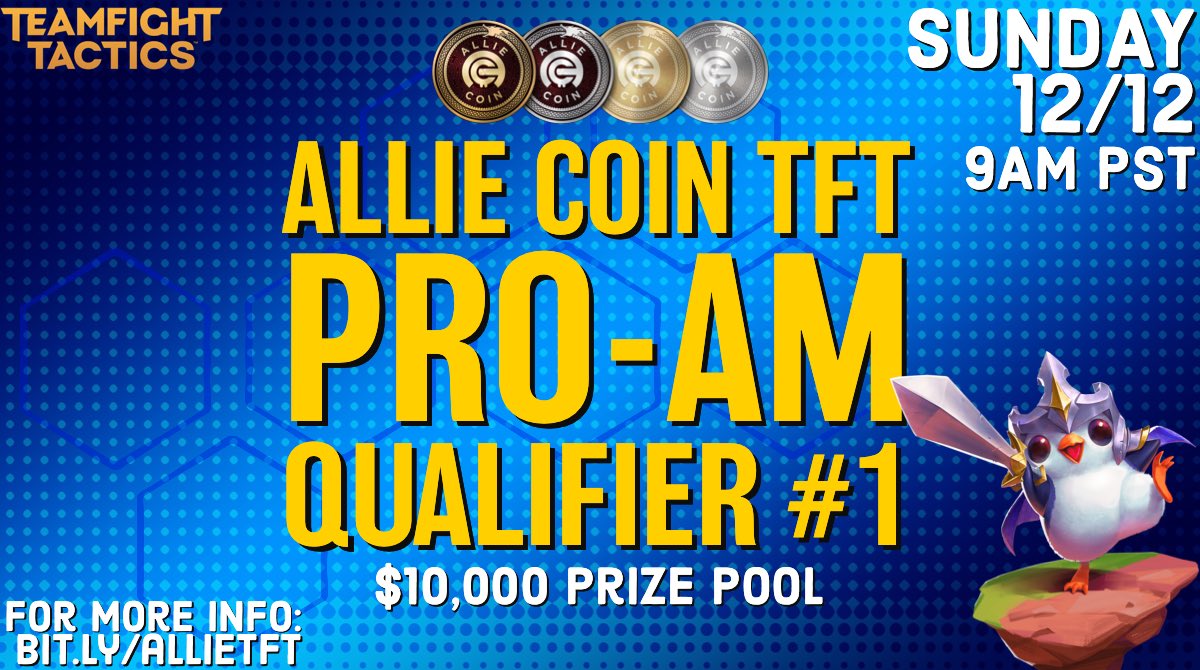 Alliestrasza's tweet photo. 📢 Calling all TFT players 📢

I’m hosting a TFT Pro-Am! You can qualify this Sunday or next Saturday.

Sign up + more info: https://t.co/ckhC8MPdui 

The Pro-Am will be cast by @Frodan @esportslaw &amp; @Mortdog!! https://t.co/qgRV3vjdaG