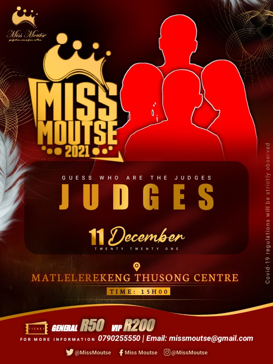 MissMoutse's tweet photo. Guess who will be our 2021 Judges?
Do join us tomorrow to witness it all💥💥💯💯

Few hours to go!! Who will be the next Miss Moutse Queen??

#MissMoutse
#MissMoutse2021Finale
#MatlelerekengThusongCentre
#Pageantry #Queens https://t.co/36Poc7fBO9