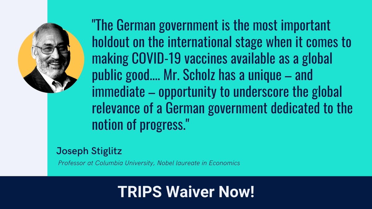 PCGTW's tweet photo. .@JosephEStiglitz urges new German Chancellor @OlafScholz: to have your “progress coalition," Germany must end blockade of #WTO #TRIPSWaiver so the world can make enough COVID-19 vaccines &amp; treatments to end pandemic. https://t.co/oeTgWgqblA https://t.co/5LPkNHWIKf
