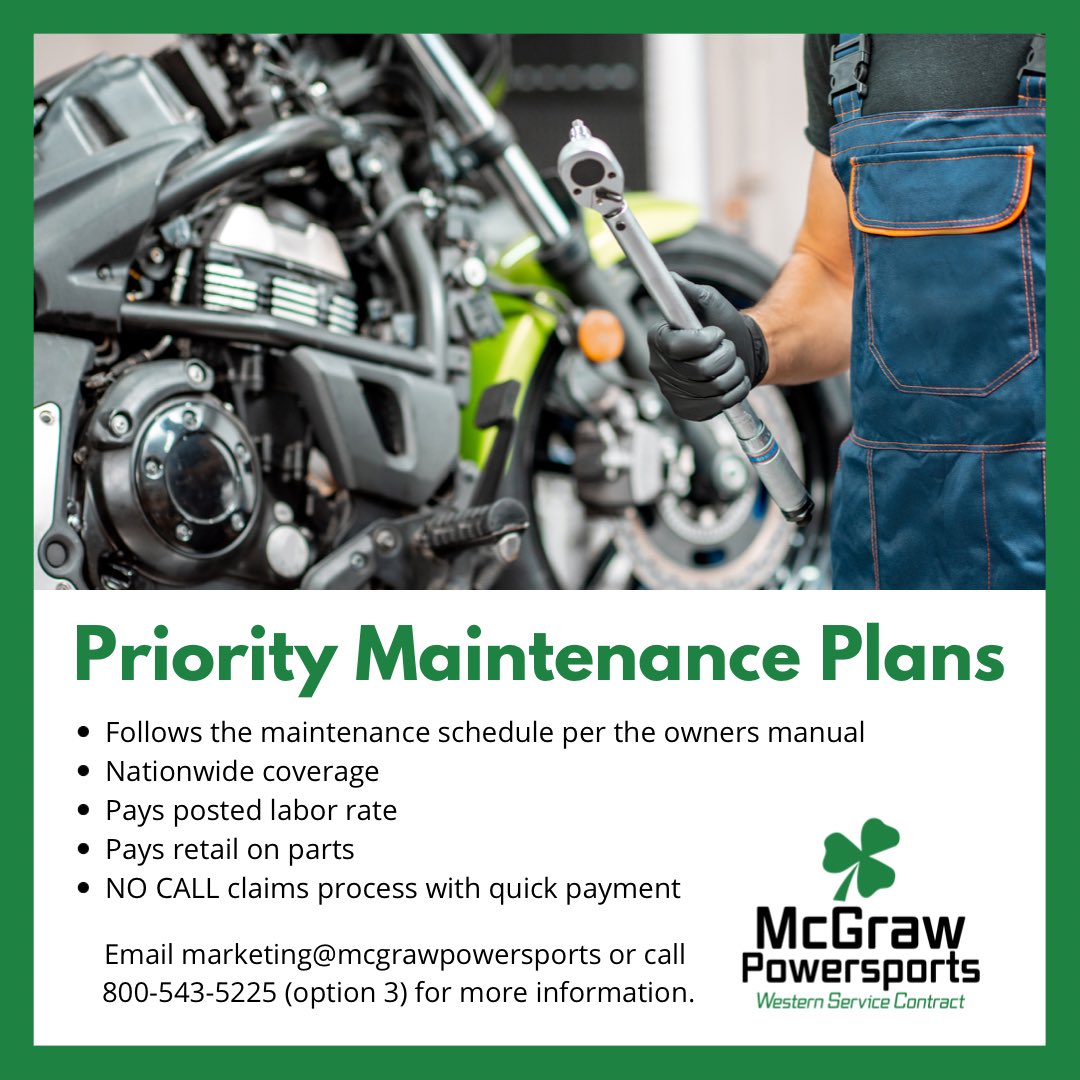 McGraw offers an excellent selection of maintenance plans for motorcycles, UTVs, ATVs, &amp; PWCs. Our Priority Maintenance Plan provides benefits to the dealer but, most importantly, helps the customer save $$ on routine maintenance costs! #ridewithmcgraw #motorcycle #utv #atv #pwc