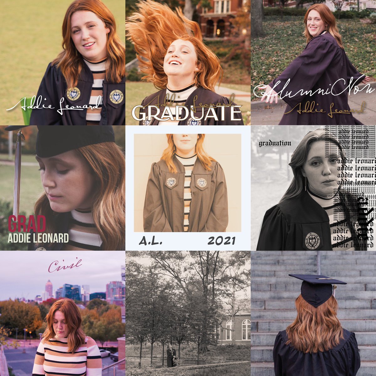 GeorgiaTech's tweet photo. In celebration of completing her degree in civil engineering next week, Addie Leonard took all her senior portraits to recreate Taylor Swift album covers. 

We think she deserves a shoutout, @taylorswift13.🐝🎓
https://t.co/1HMiWWai1S https://t.co/BetN8fhNCq
