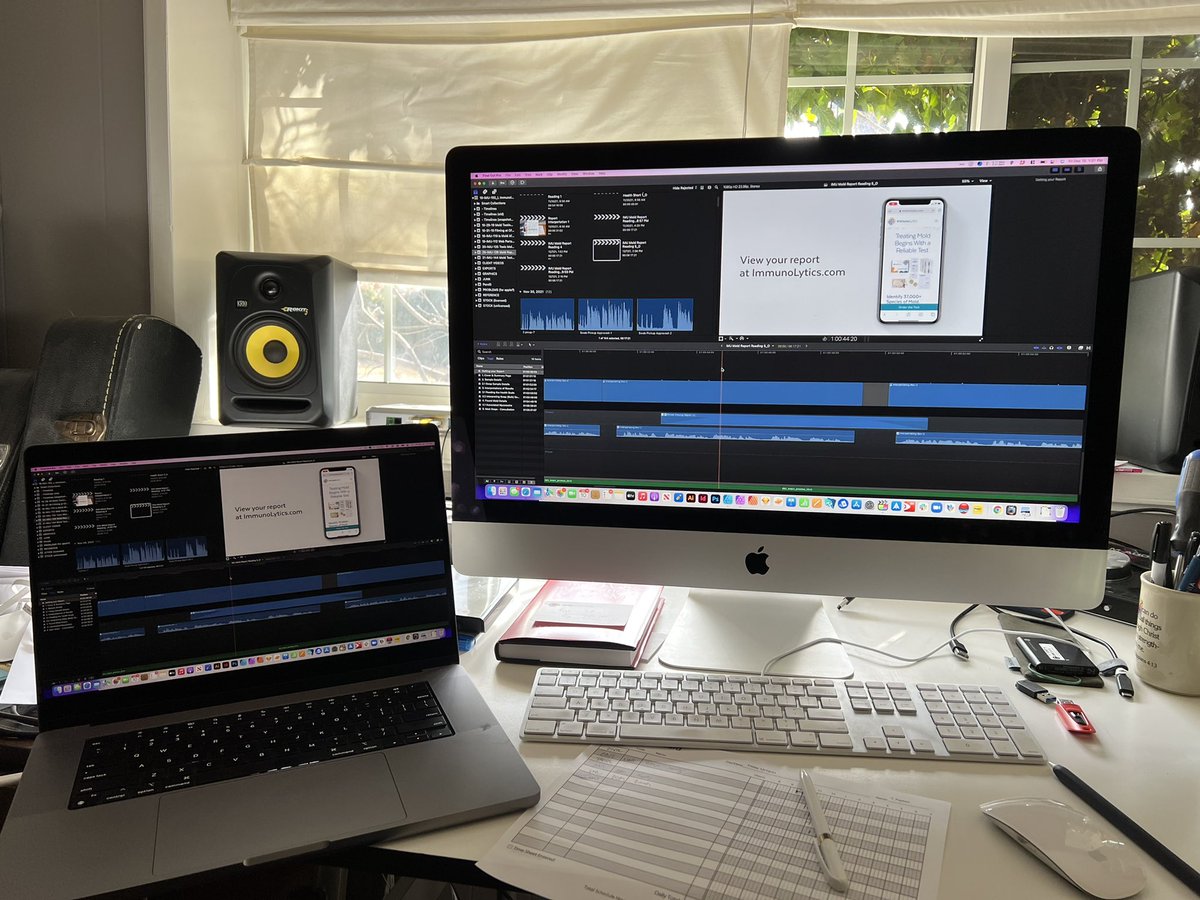 The uses of <a href="/jumpdesktop/">Jump Desktop</a> continue to impress. Going from office to home and using my 2013 iMac display, mouse, keyboard and audio for my 2021 MacBook Pro. Wired ethernet and no, that is zero, discernible delay in #fcpx. Using SwitchResX to match iMac 27 resolution.