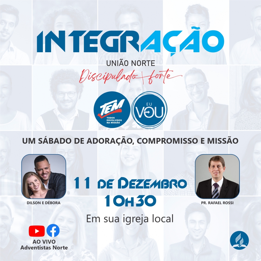 📆 Neste sábado, 11, 
🕟 às 10h30, 
INTEGRAÇÃO 2022! 

📺 Onde assistir?
Em sua Igreja e 🔴 AO VIVO nas redes @adventistasnorte
🔵 FACEBOOK: 
adv7.live/integracaounb2…

🔴 YOUTUBE:
adv7.live/integracaounb2…

IMPORTANTE ⚠ 
O ofertório e a Adoração infantil devem