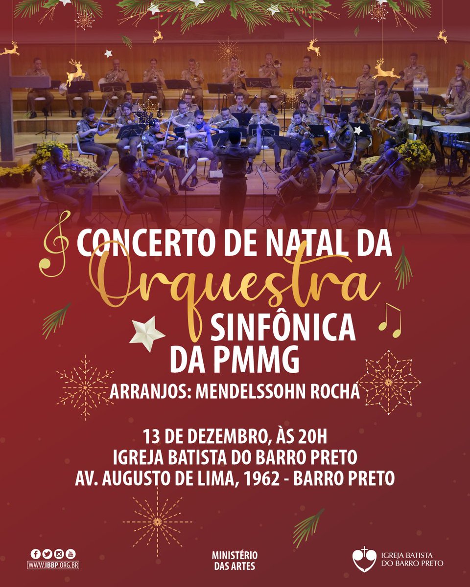 ibdobarropreto's tweet photo. Na próxima segunda-feira, dia 13/12, às 20h, receberemos na IBBP o Concerto de Natal da Orquestra Sinfônica da PMMG, grupo de excelência e patrimônio do Estado de Minas Gerais.

Guarde a data e participe conosco! https://t.co/GNtxAxRVpO