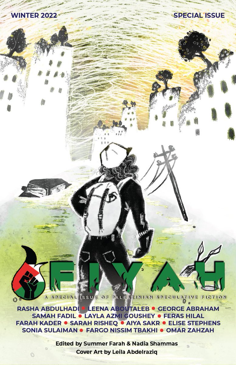 Cover for the Palestinian Solidarity special issue of FIYAH. A person with a backpack and cap wades into a green river amid urban ruins with trees atop them.