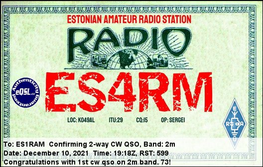 Es1Ram's tweet photo. My first CW QSO on 2 meters:) @ES4RM   Thanks for patience Sergei:))) https://t.co/YsVihhkEPY