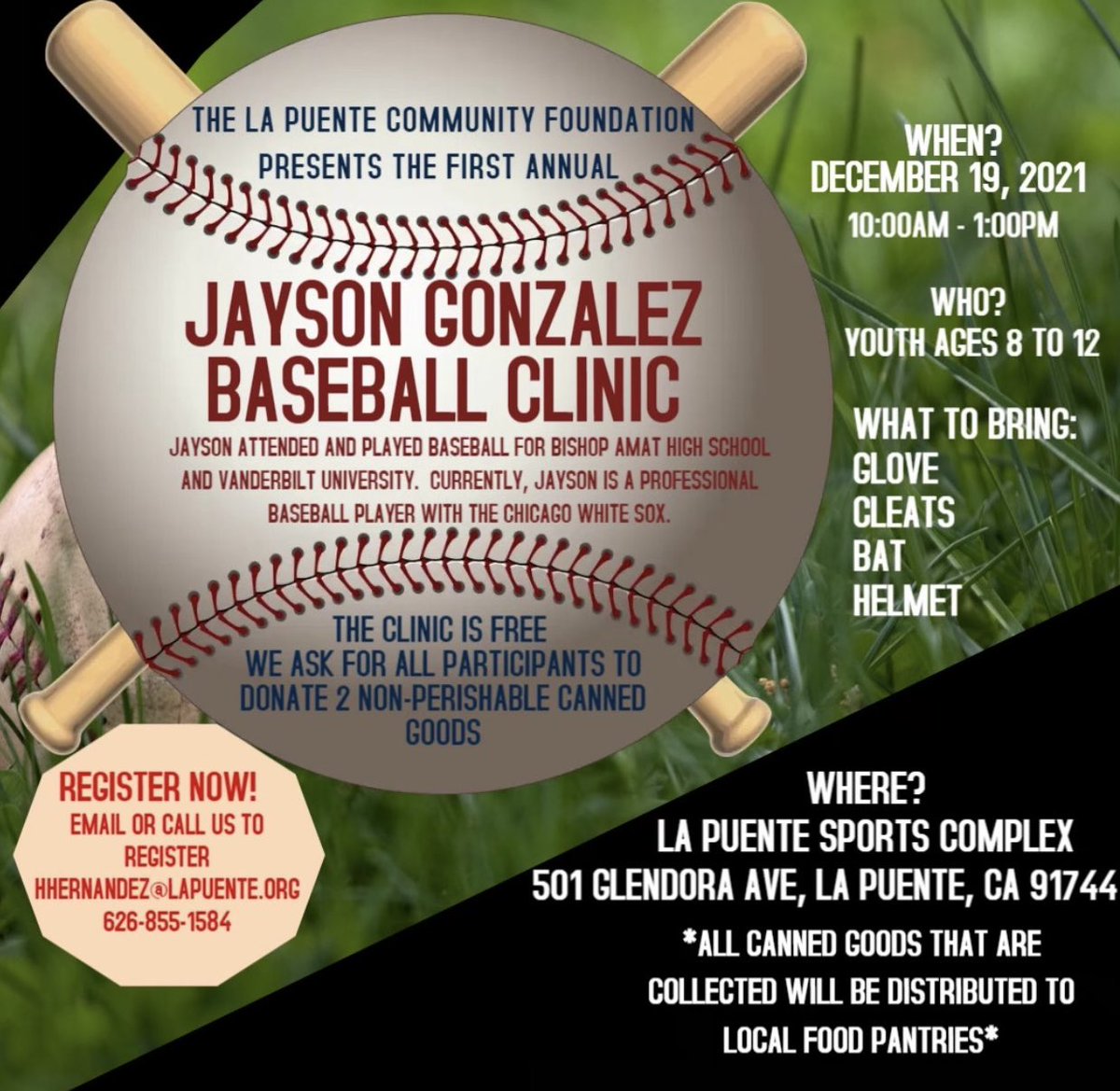 Sunday Dec 19th space is limited. Free kids Jayson Gonzalez Baseball clinic. Yes you need to register. <a href="/IndiosLBPRC/">Indios de Mayagüez</a> <a href="/TheProsPipeline/">Prospect Pipeline</a> <a href="/SGVNSports/">Fred J. Robledo 👨🏻‍💻</a> <a href="/amatbaseball/">Bishop Amat Baseball</a> <a href="/VandyBoys/">Vanderbilt Baseball</a> <a href="/GoGoEdLovelace/">GoGo EdLovelace</a> <a href="/zekeprado/">Zeke Prado</a> <a href="/Powercore360/">Powercore 360</a> <a href="/BPAtravelball/">BPA Baseball</a> <a href="/CityofLaPuente/">City of La Puente</a> <a href="/FitsportK/">FitSport Kinetics</a>