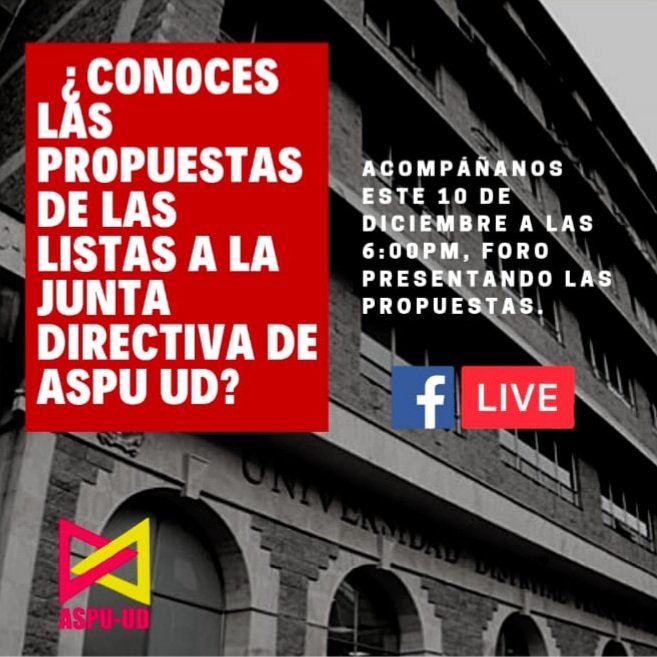 AspuUD's tweet photo. Las y los invitamos a que conozcan las propuestas de las y los candidatos a la Junta directiva de ASPU-UD. Les esperamos. https://t.co/vI5xgA7JHU