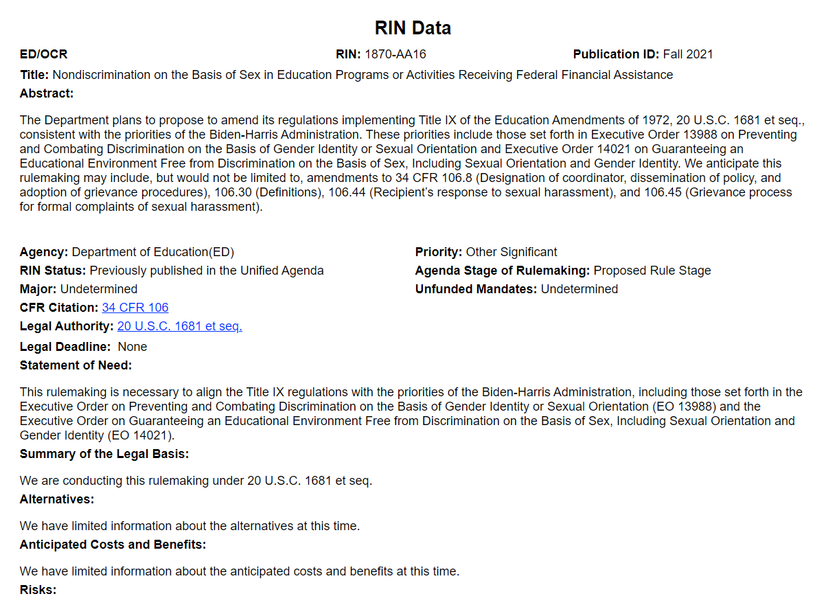Public Justice Today The Usedgov Issued Its Unified Agenda Announcing It Will File A Notice Of Proposed Rulemaking In April 22 To Begin Undoing The Trump Era Title Ix Rules On