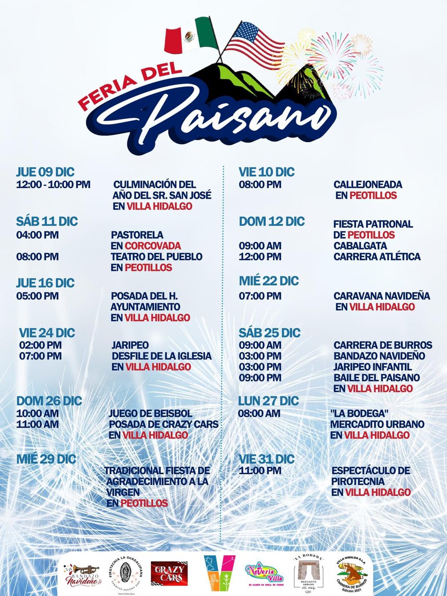 El Ayuntamiento Villa Hidalgo y el alcalde Ismael Vázquez te invitan a la #FeriaDelPaisano2021 que se realizará durante el mes de diciembre.

⬇️ Revisa programa 

#AyuntamientoVHSLP

<a href="/AleGutierrez_mx/">𝗔𝗹𝗲 𝗚𝘂𝘁𝗶𝗲́𝗿𝗿𝗲𝘇</a> Pdta #Leon Pdta #ANAC