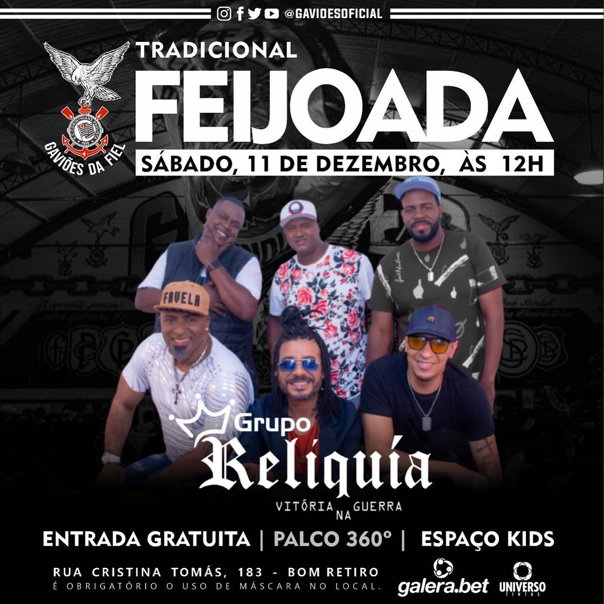 gavioesoficial's tweet photo. TRADICIONAL FEIJOADA NOS GAVIÕES DA FIEL 🦅🏴

Hoje (11), a partir das 12h, serviremos a deliciosa feijoada em nossa sede.

Contaremos com a participação do grupo Relíquia. 

A entrada é gratuita e o uso da máscara é obrigatório no local.

Rua Cristina Tomás, 183 - Bom Retiro. https://t.co/Wa25Yu3yyO