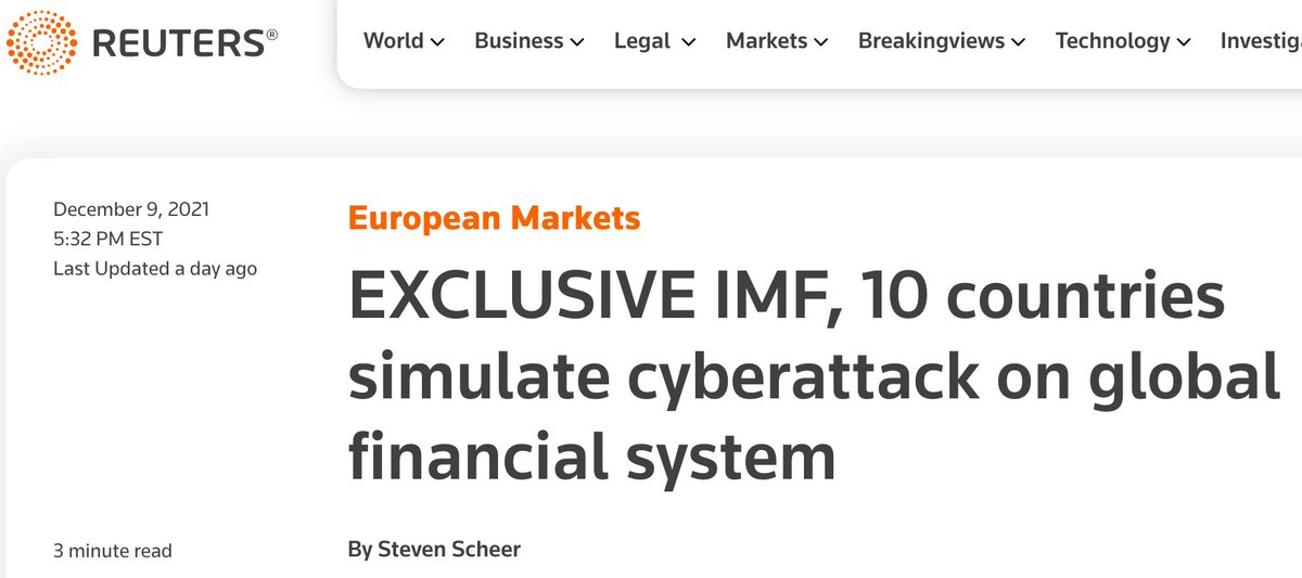Gesimuleerde wereldwijde cyberaanval op financiële systeem: tien landen doen war game 

IMF, BIS, Nederland.

#CollectiveStrength

reuters.com/markets/europe…

'The simulation also used fake news reports that in the scenario caused chaos in global markets and a run on banks.'