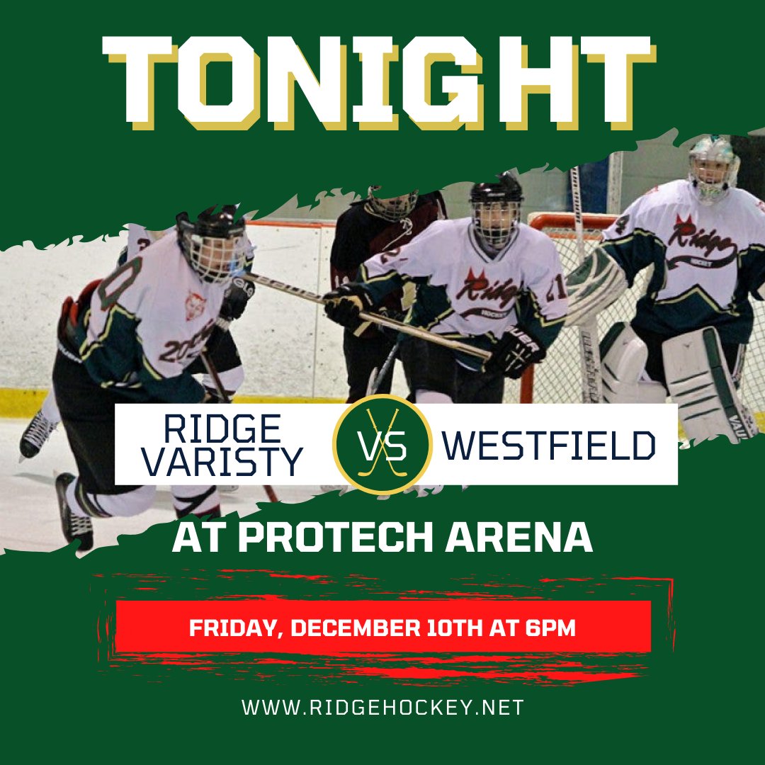 RidgeHockey's tweet image. Show your support of our Varsity team tonight by coming down to Protech Ice Arena and watching them play against Westfield.  Good luck Team!