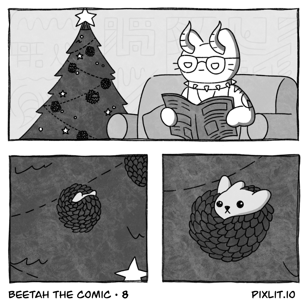 Pixlit's tweet photo. #BeetahTheComic Issue 8

Deck the halls with ball of Beetah! And deck your walls with @VinnieHager-inspired designs! ✏️

🦔Follow @PixlitEth to watch Beetah's adventure unfold!

#coolcatcreations @coolcatsnft https://t.co/E5ZQmrTw1K