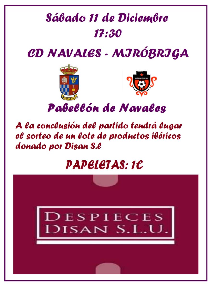 J10 <a href="/FutormesFutsal/">Futormes Salamanca Fútbol Sala</a>

⚽ Volvemos a #Navales con un auténtico partidazo, y con sorpresas‼️ 

Este sábado, a partir de las 17:30h, nos enfrentamos a nuestros amigos de <a href="/mirobrigafutsal/">Miróbriga Futsal</a>, equipo siempre puntero en nuestra liga, con grandes jugadores y un juego de otra categoría👌