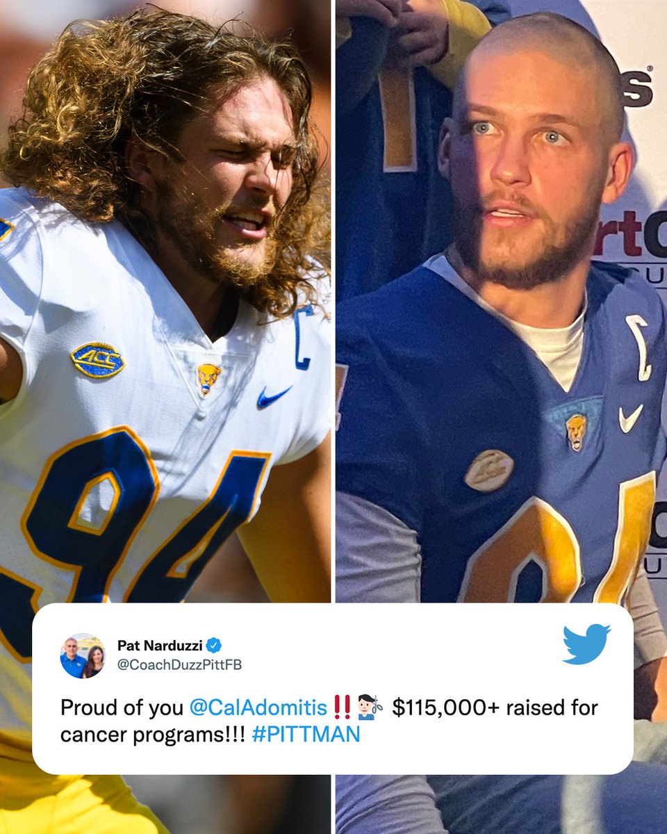 ACC Network (@accnetwork) on Twitter photo He reached his goal.
He shaved his head.
What a moment 💙 💛
<a href="/Pitt_FB/">Pitt Football</a> long snapper <a href="/CalAdomitis/">Cal Adomitis</a> set a goal to raise $94K to donate to UPMC Children’s for kids who are battling cancer. He did it! He reached his goal.
He shaved his head.
What a moment 💙 💛
<a href="/Pitt_FB/">Pitt Football</a> long snapper <a href="/CalAdomitis/">Cal Adomitis</a> set a goal to raise $94K to donate to UPMC Children’s for kids who are battling cancer. He did it!