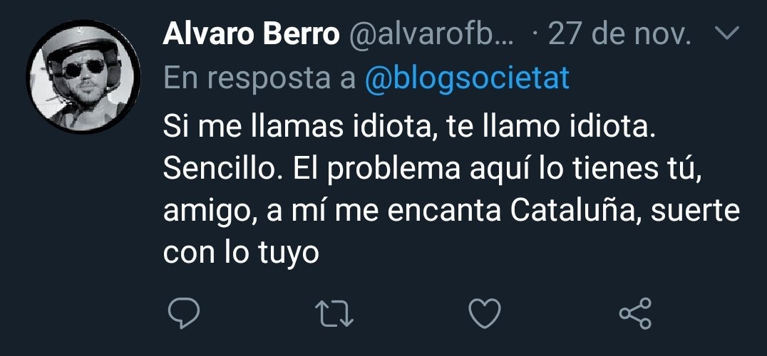 EnricJM's tweet photo. @alvarofberro @gerardoriach Es poden dir les coses de moltes maneres sense faltar al respecte. IMBÈCIL (Aplico la mateixa llei que tú. Insultes, ets insultat. Sencillo) https://t.co/7w6hqxqLGU