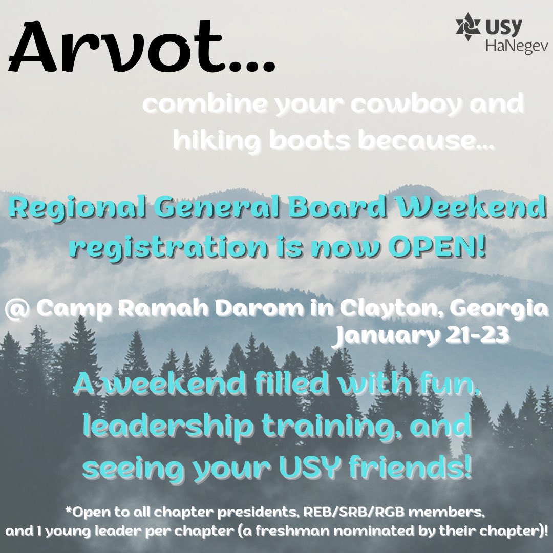 ArvotUSY's tweet photo. Arvot, this Shabbat brings exciting news: RGBW registration is open! Make sure to sign up for an unforgettable weekend! https://t.co/fN1GaiIzsR